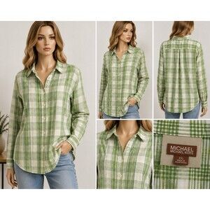 Michael Kors Womens XXL Green Plaid Button Up Shirt Cotton Casual Preppy